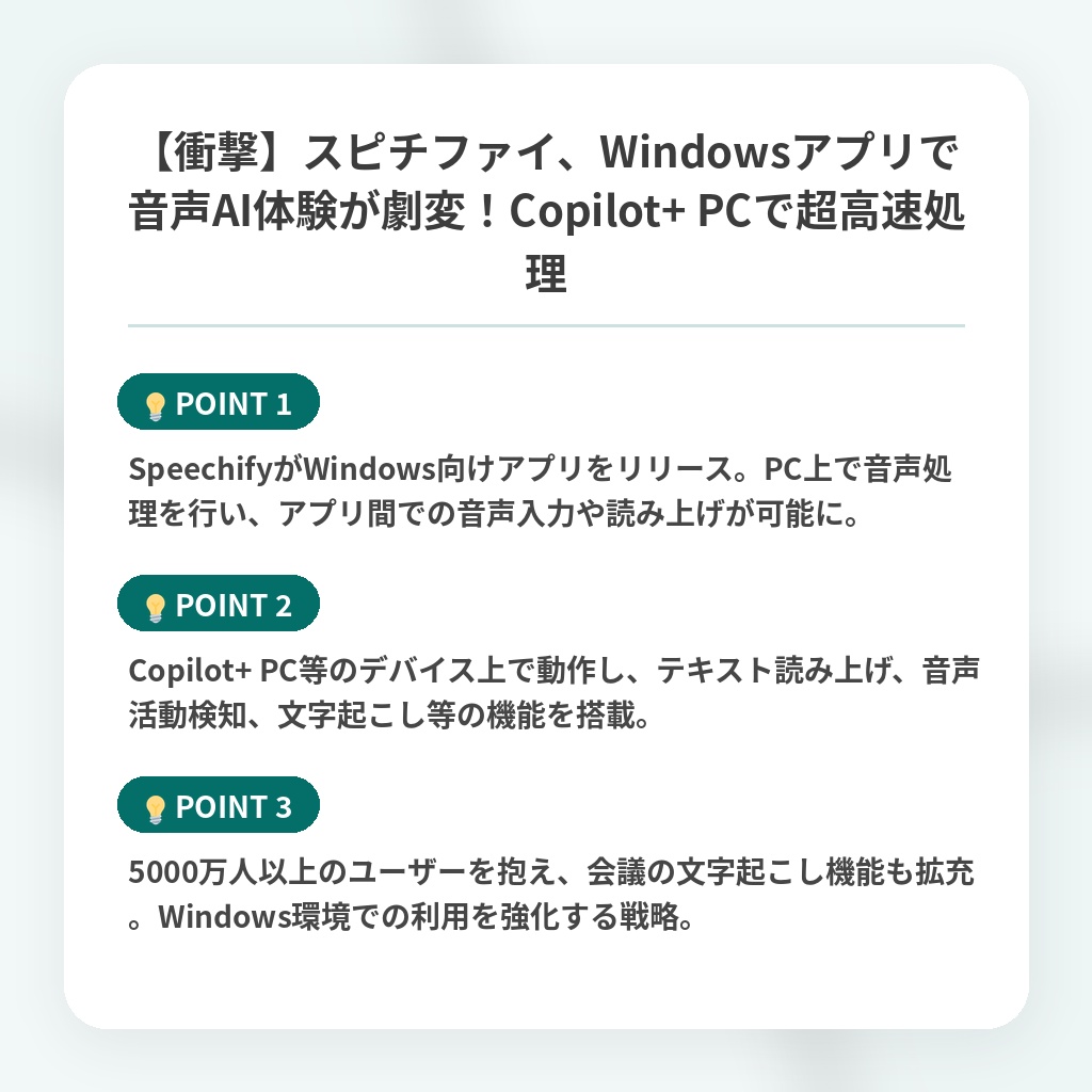 【衝撃】スピチファイ、Windowsアプリで音声AI体験が劇変!Copilot+ PCで超高速処理の注目ポイントまとめ
