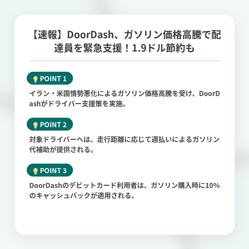 【速報】DoorDash、ガソリン価格高騰で配達員を緊急支援！1.9ドル節約もの注目ポイントまとめ