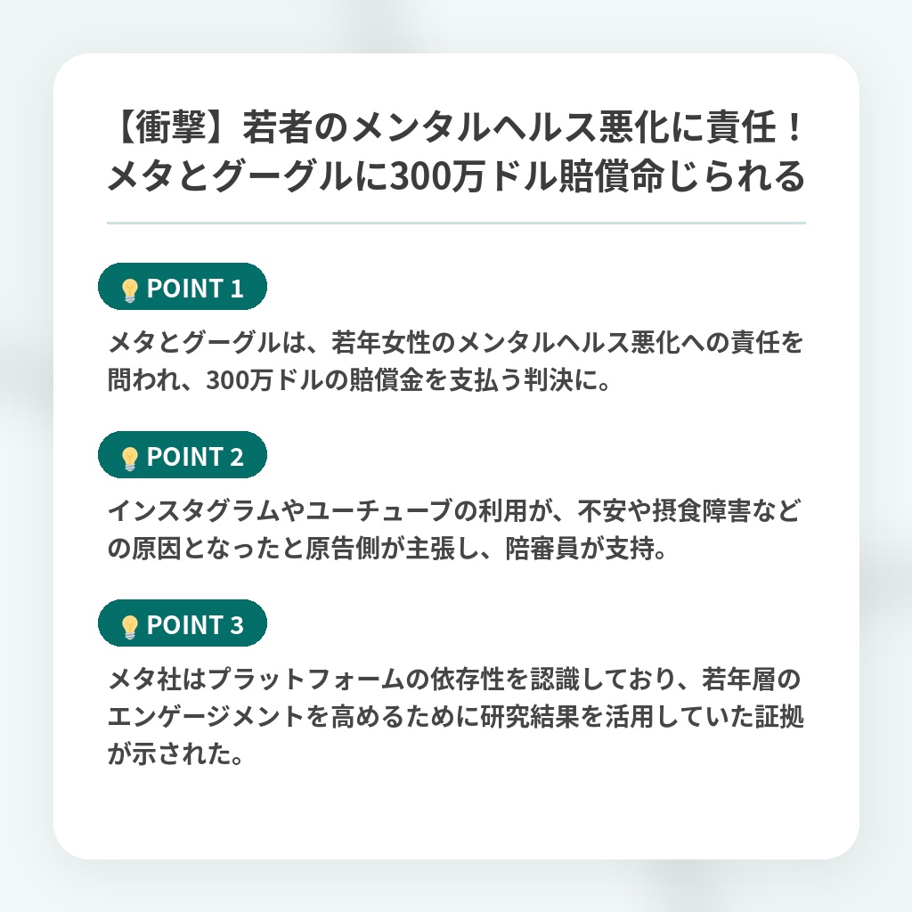 【衝撃】若者のメンタルヘルス悪化に責任!メタとグーグルに300万ドル賠償命じられるの注目ポイントまとめ