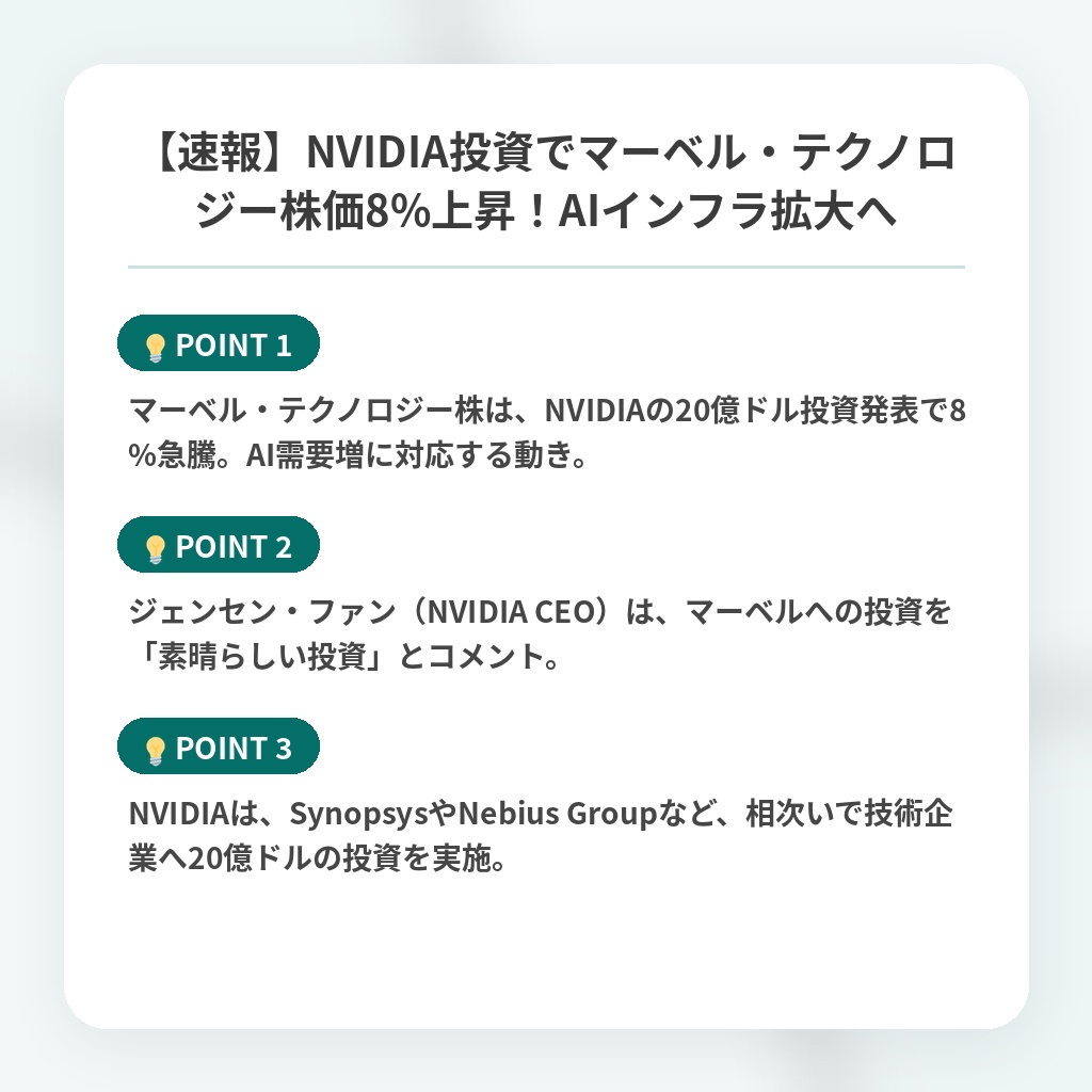 【速報】NVIDIA投資でマーベル・テクノロジー株価8%上昇!AIインフラ拡大への注目ポイントまとめ