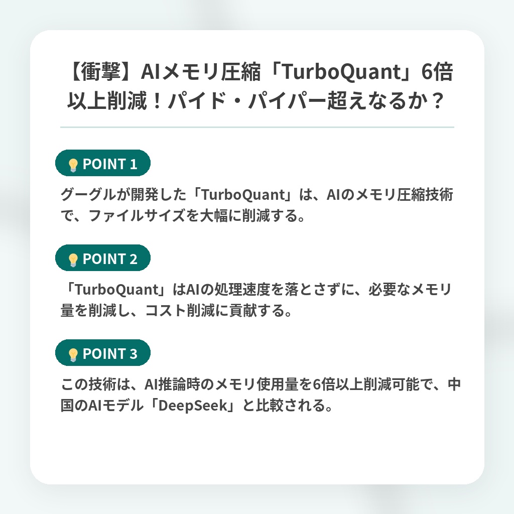 【衝撃】AIメモリ圧縮「TurboQuant」6倍以上削減!パイド・パイパー超えなるか?の注目ポイントまとめ