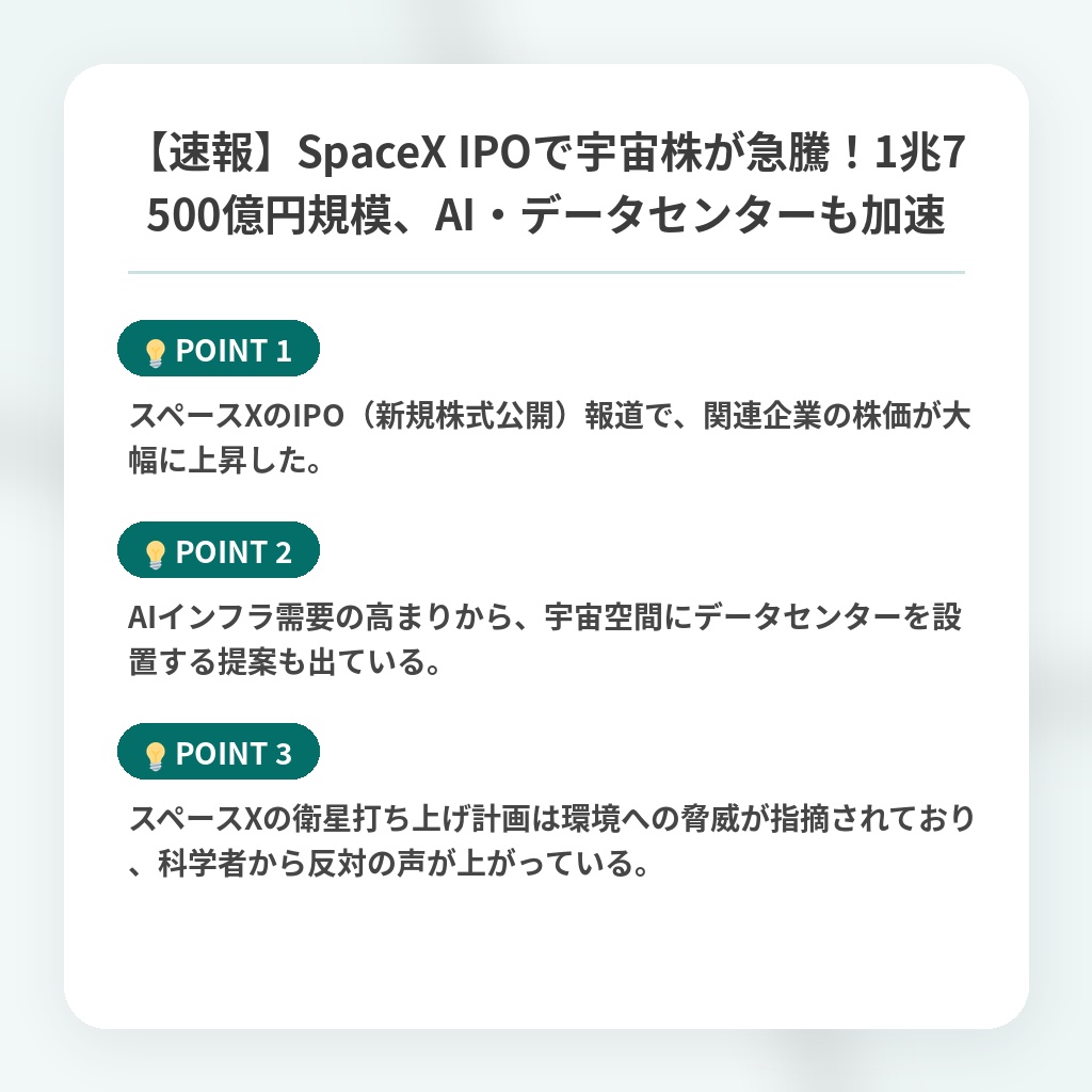 【速報】SpaceX IPOで宇宙株が急騰!1兆7500億円規模、AI・データセンターも加速の注目ポイントまとめ
