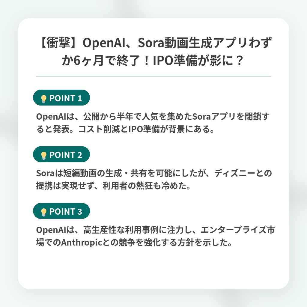 【衝撃】OpenAI、Sora動画生成アプリわずか6ヶ月で終了！IPO準備が影に？の注目ポイントまとめ