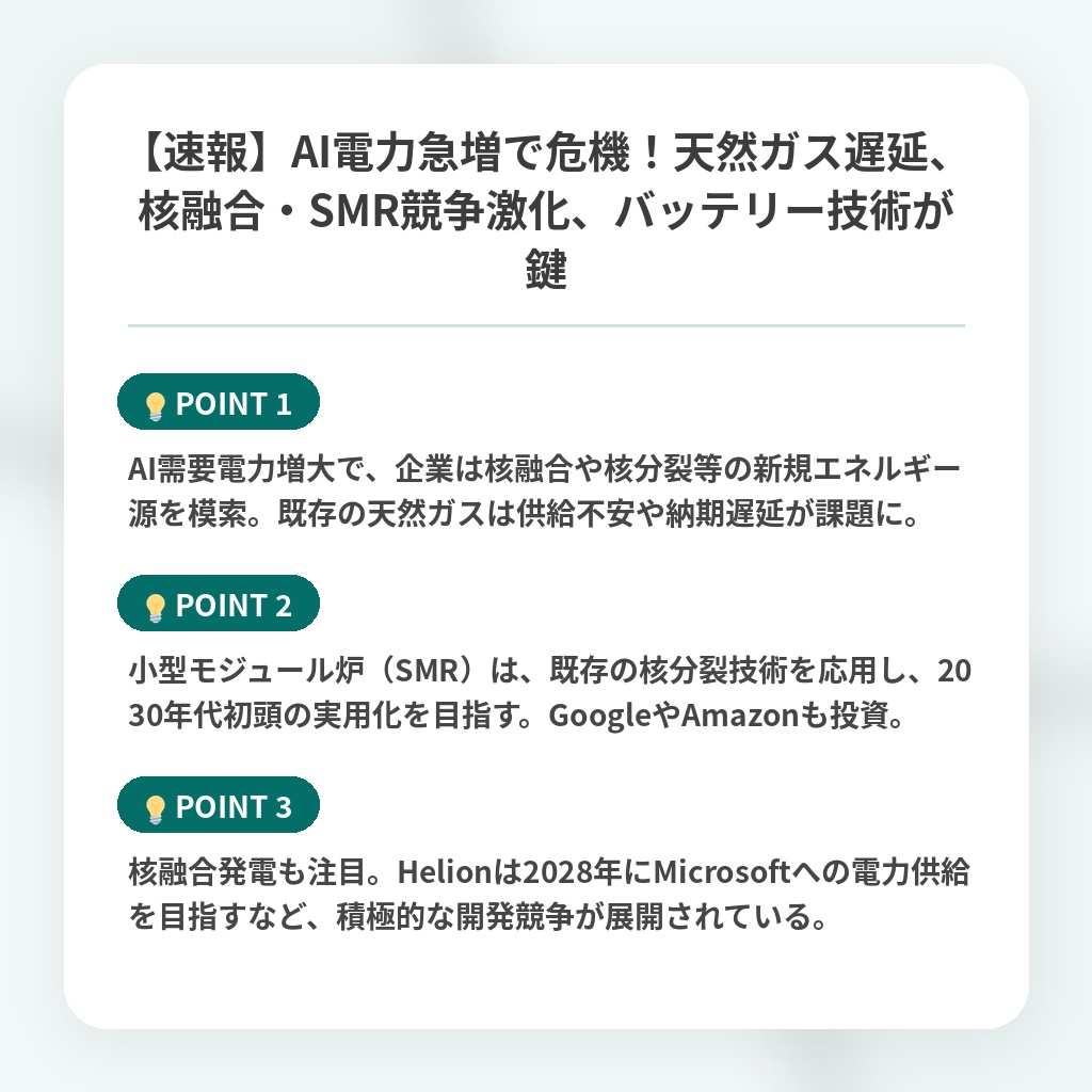 【速報】AI電力急増で危機！天然ガス遅延、核融合・SMR競争激化、バッテリー技術が鍵の注目ポイントまとめ