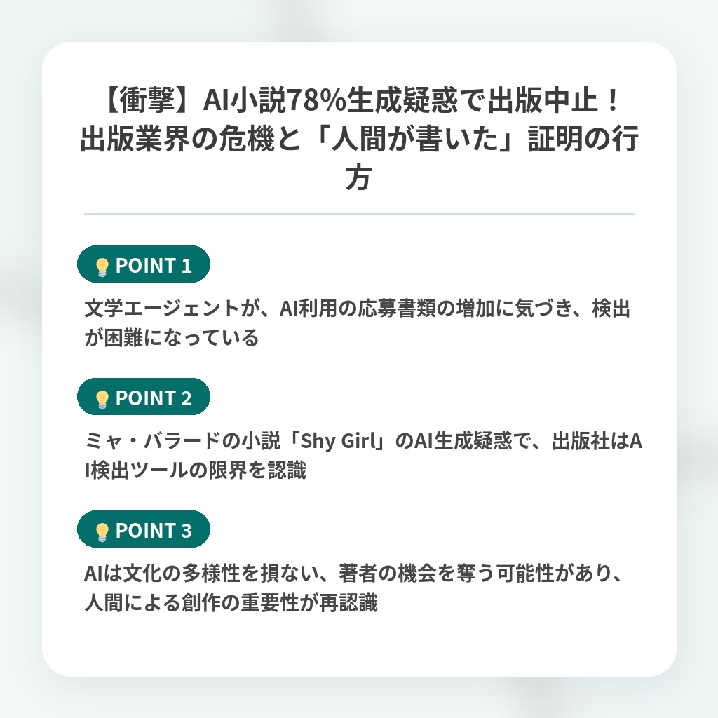 【衝撃】AI小説78%生成疑惑で出版中止！出版業界の危機と「人間が書いた」証明の行方の注目ポイントまとめ