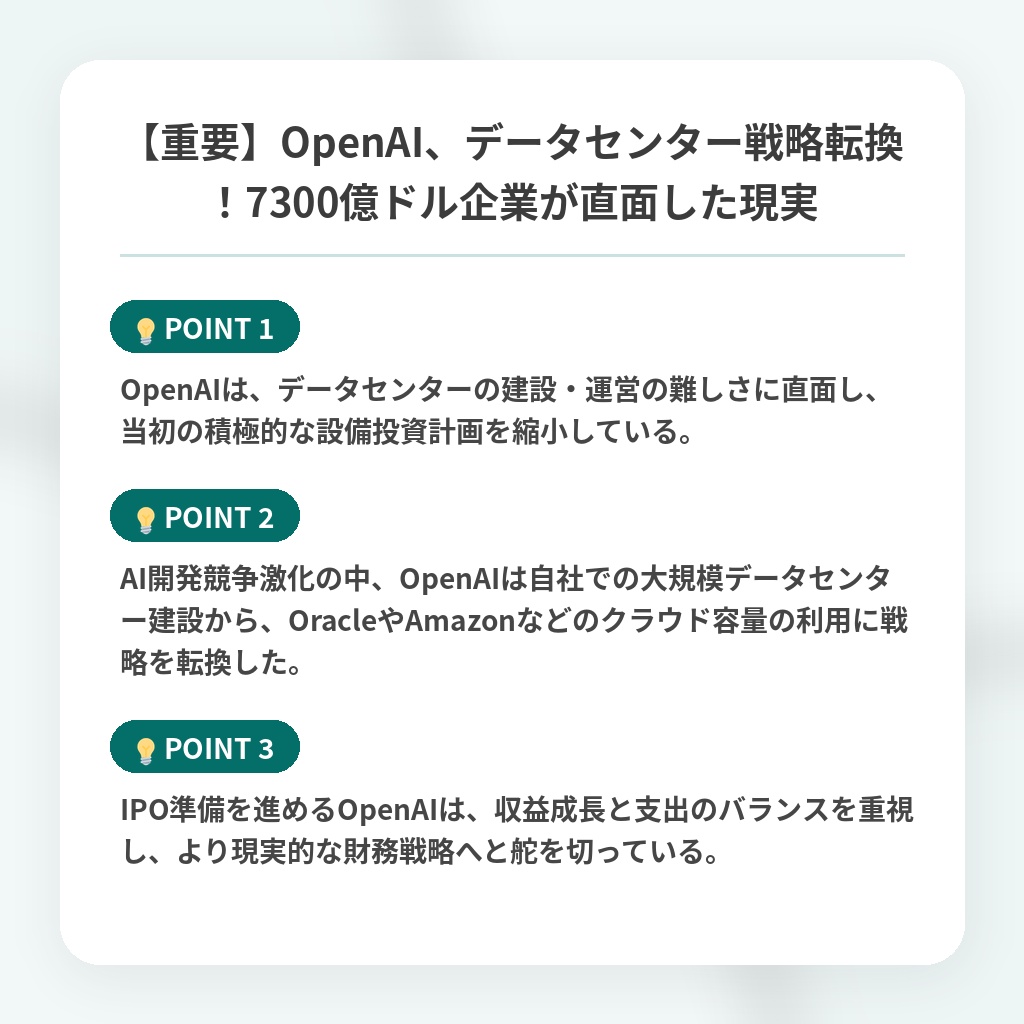 【重要】OpenAI、データセンター戦略転換！7300億ドル企業が直面した現実の注目ポイントまとめ