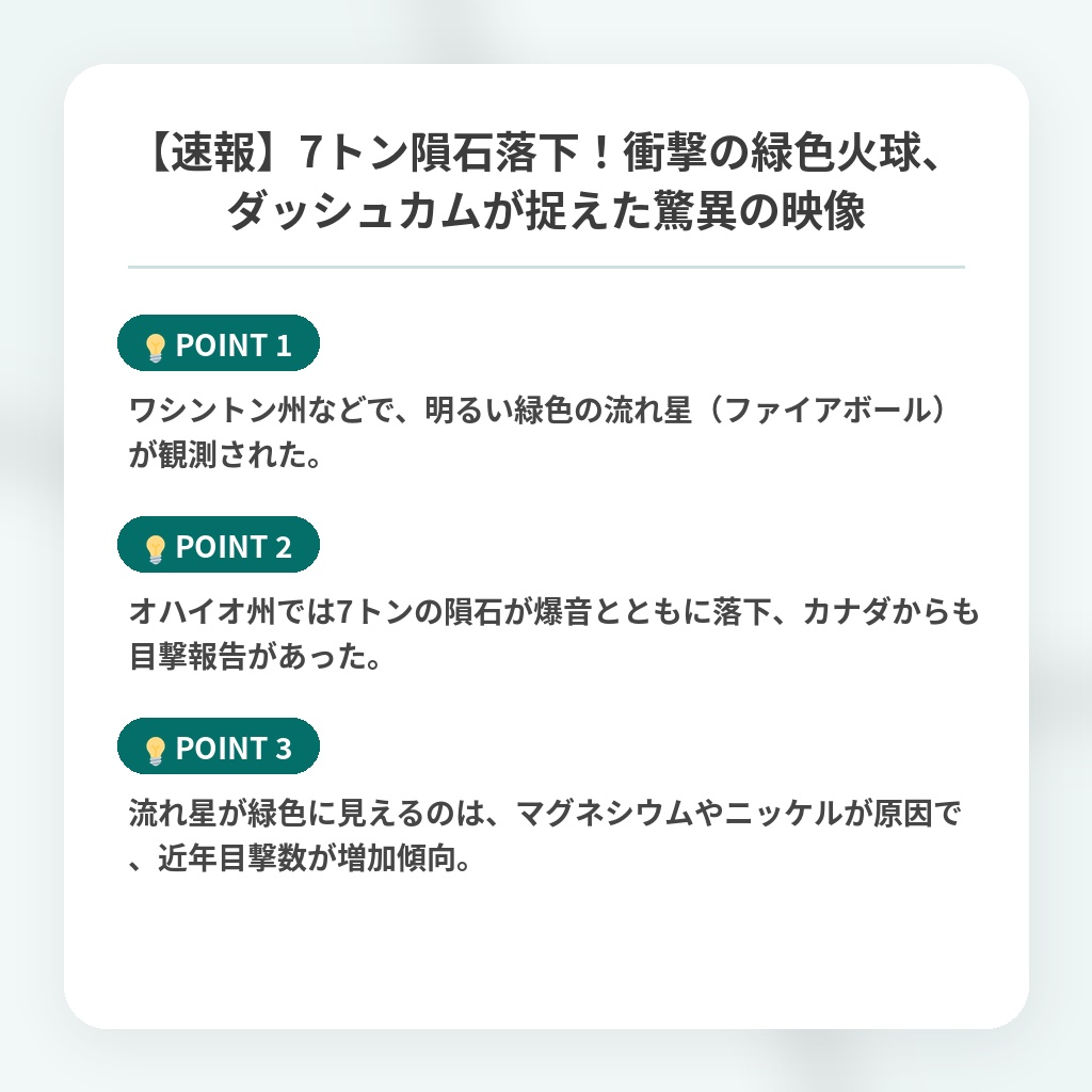 【速報】7トン隕石落下！衝撃の緑色火球、ダッシュカムが捉えた驚異の映像の注目ポイントまとめ