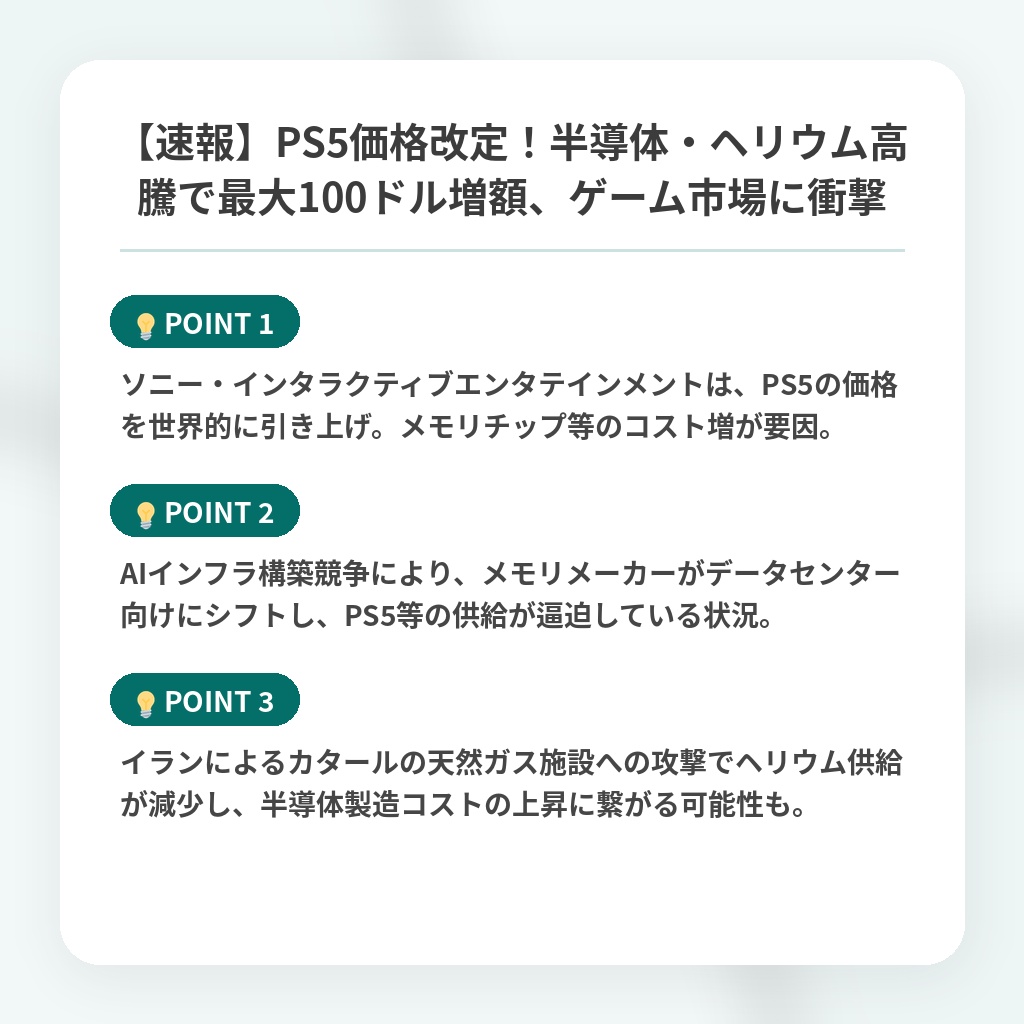 【速報】PS5価格改定!半導体・ヘリウム高騰で最大100ドル増額、ゲーム市場に衝撃の注目ポイントまとめ