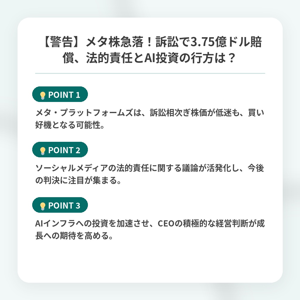 【警告】メタ株急落！訴訟で3.75億ドル賠償、法的責任とAI投資の行方は？の注目ポイントまとめ