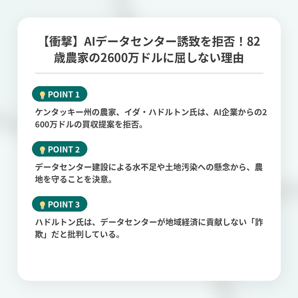 【衝撃】AIデータセンター誘致を拒否！82歳農家の2600万ドルに屈しない理由の注目ポイントまとめ