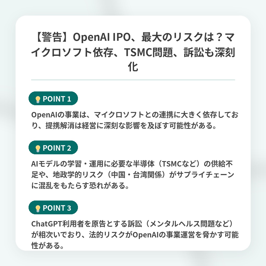 【警告】OpenAI IPO、最大のリスクは？マイクロソフト依存、TSMC問題、訴訟も深刻化の注目ポイントまとめ