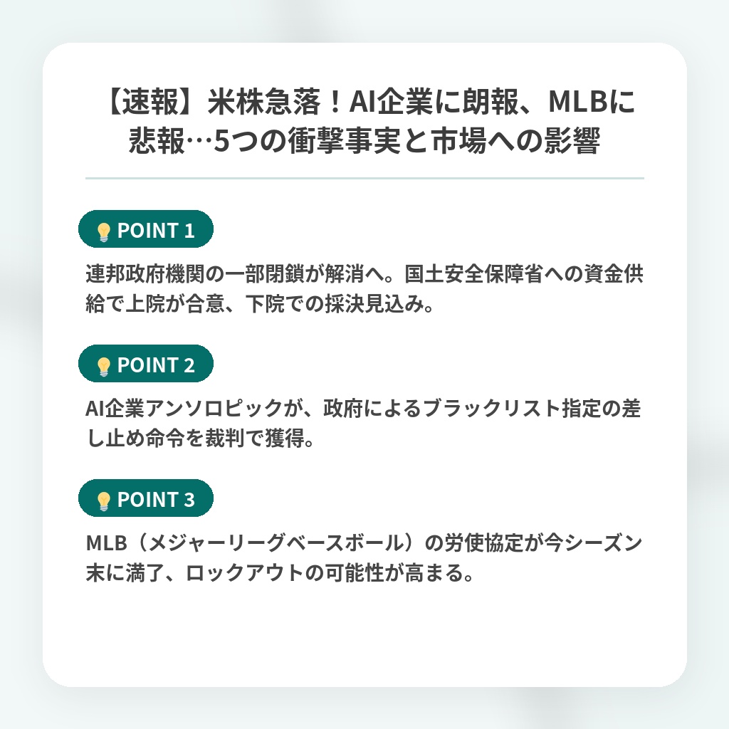 【速報】米株急落!AI企業に朗報、MLBに悲報…5つの衝撃事実と市場への影響の注目ポイントまとめ