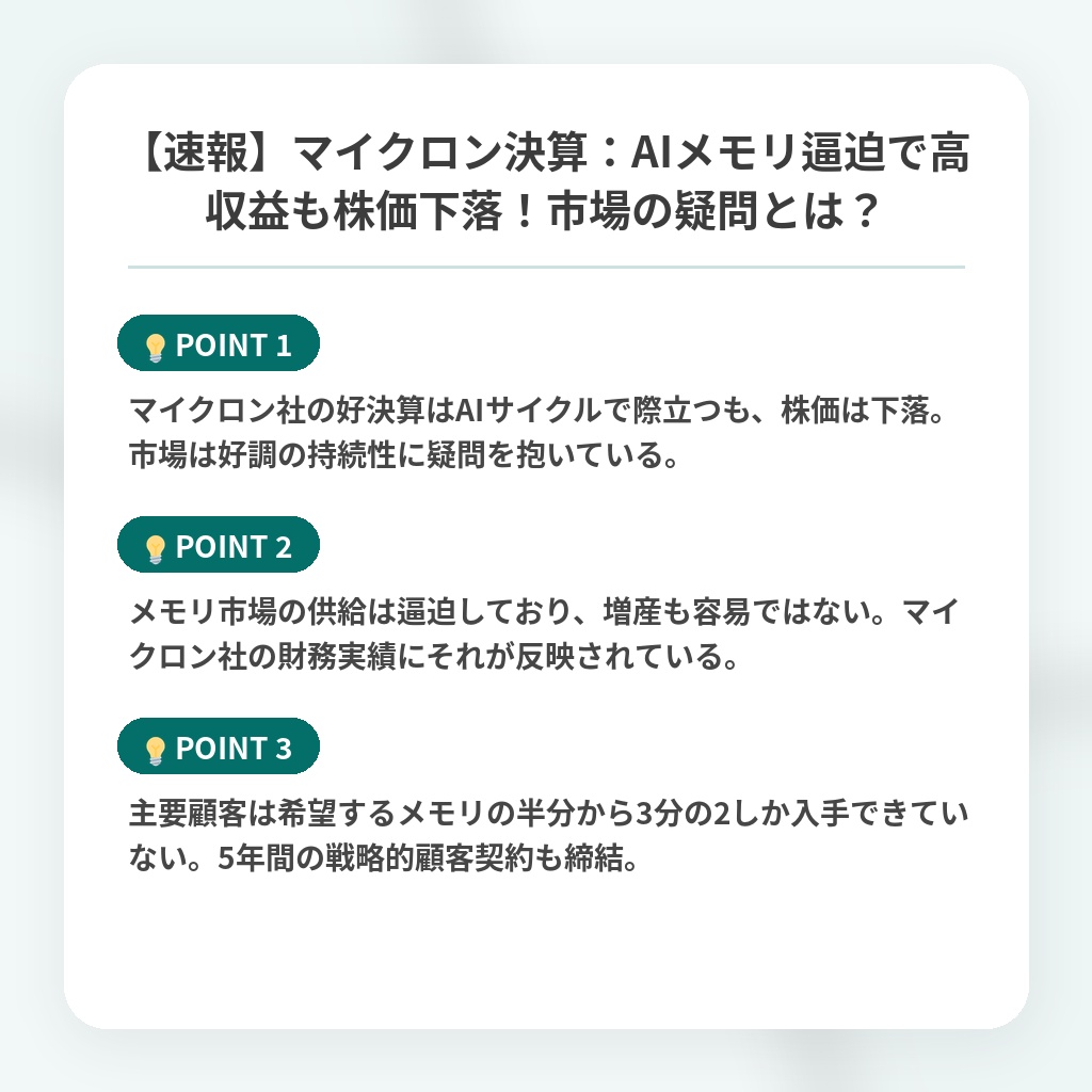 【速報】マイクロン決算：AIメモリ逼迫で高収益も株価下落！市場の疑問とは？の注目ポイントまとめ
