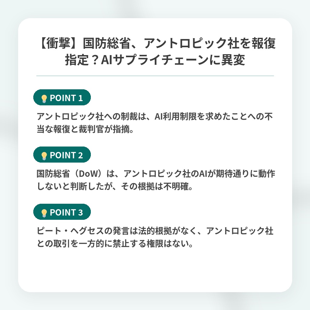 【衝撃】国防総省、アントロピック社を報復指定？AIサプライチェーンに異変の注目ポイントまとめ