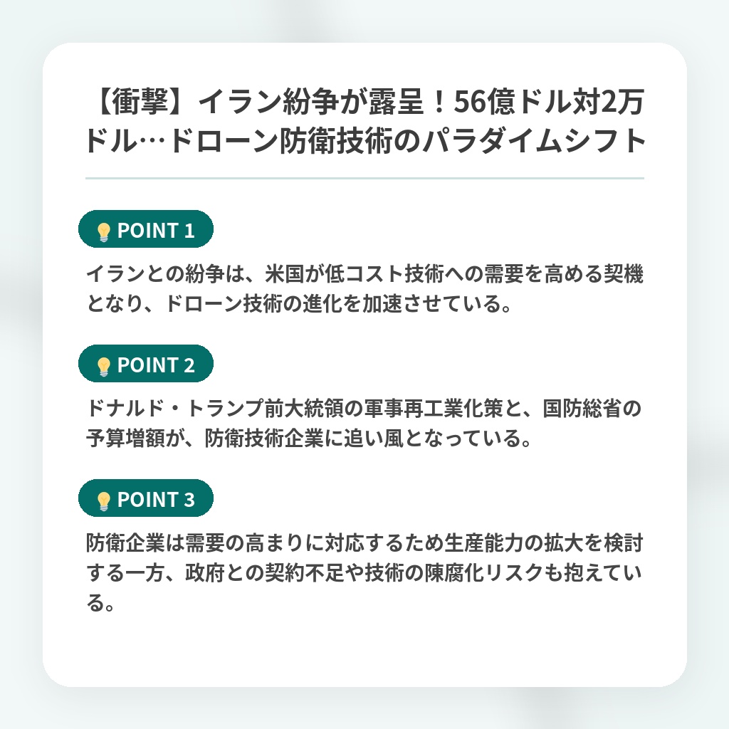 【衝撃】イラン紛争が露呈!56億ドル対2万ドル…ドローン防衛技術のパラダイムシフトの注目ポイントまとめ