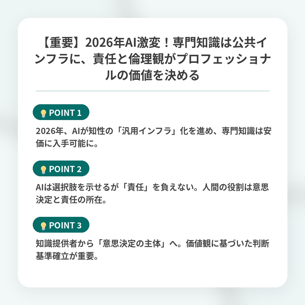 【重要】2026年AI激変!専門知識は公共インフラに、責任と倫理観がプロフェッショナルの価値を決めるの注目ポイントまとめ