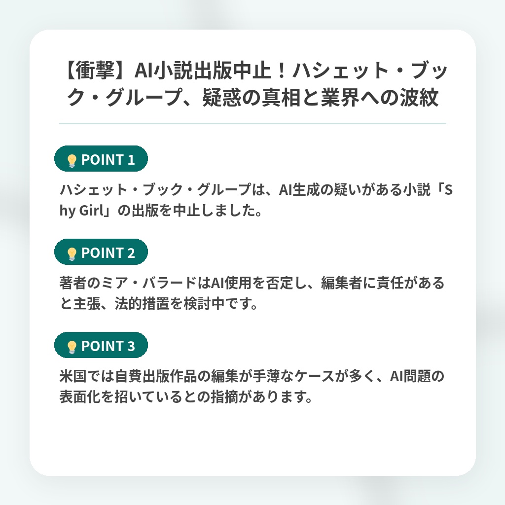 【衝撃】AI小説出版中止！ハシェット・ブック・グループ、疑惑の真相と業界への波紋の注目ポイントまとめ