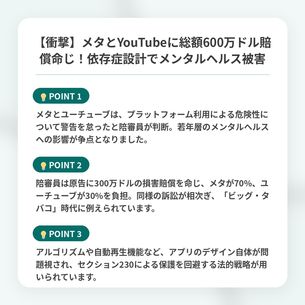 【衝撃】メタとYouTubeに総額600万ドル賠償命じ!依存症設計でメンタルヘルス被害の注目ポイントまとめ