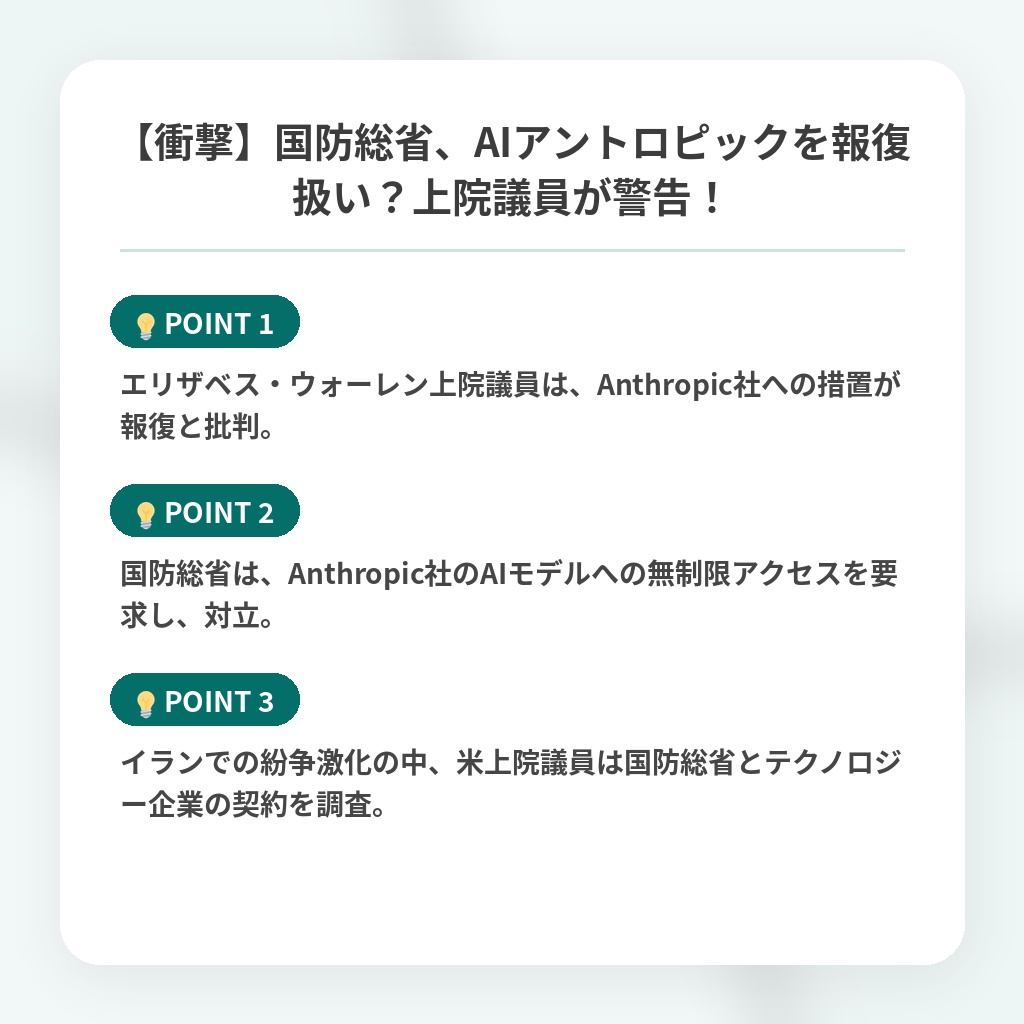 【衝撃】国防総省、AIアントロピックを報復扱い？上院議員が警告！の注目ポイントまとめ