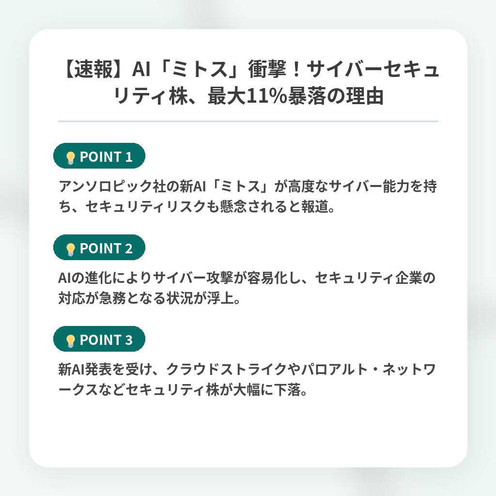 【速報】AI「ミトス」衝撃！サイバーセキュリティ株、最大11%暴落の理由の注目ポイントまとめ