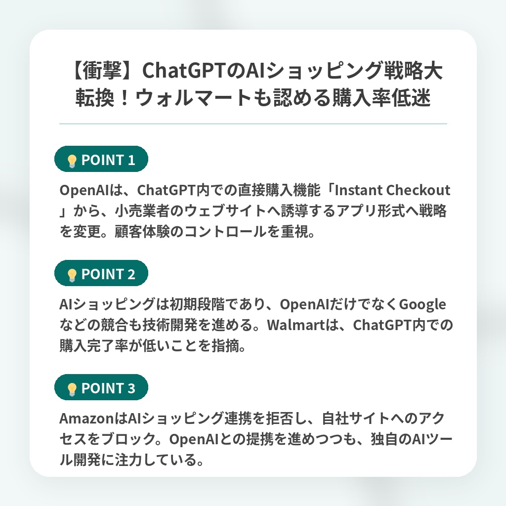 【衝撃】ChatGPTのAIショッピング戦略大転換！ウォルマートも認める購入率低迷の注目ポイントまとめ