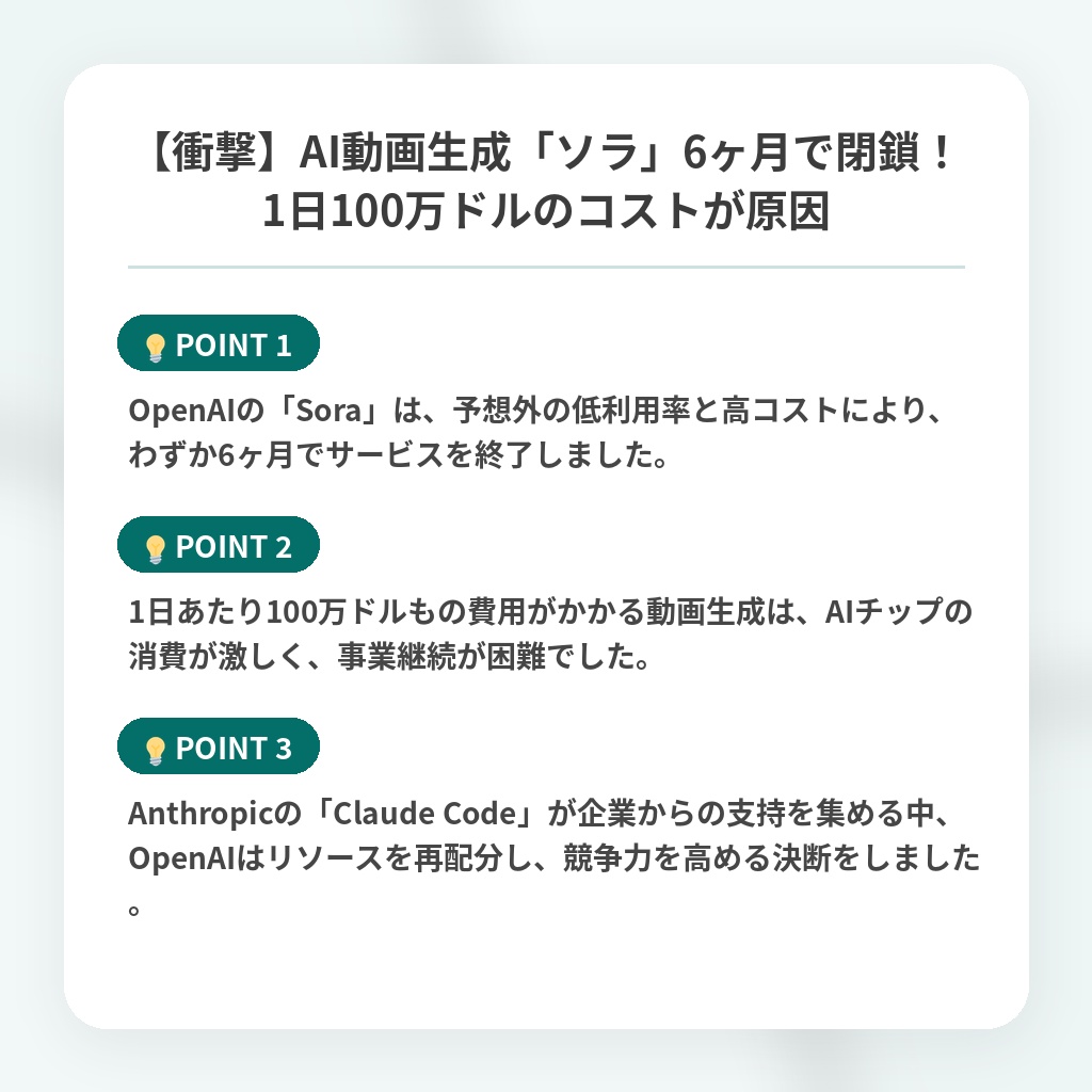 【衝撃】AI動画生成「ソラ」6ヶ月で閉鎖！1日100万ドルのコストが原因の注目ポイントまとめ