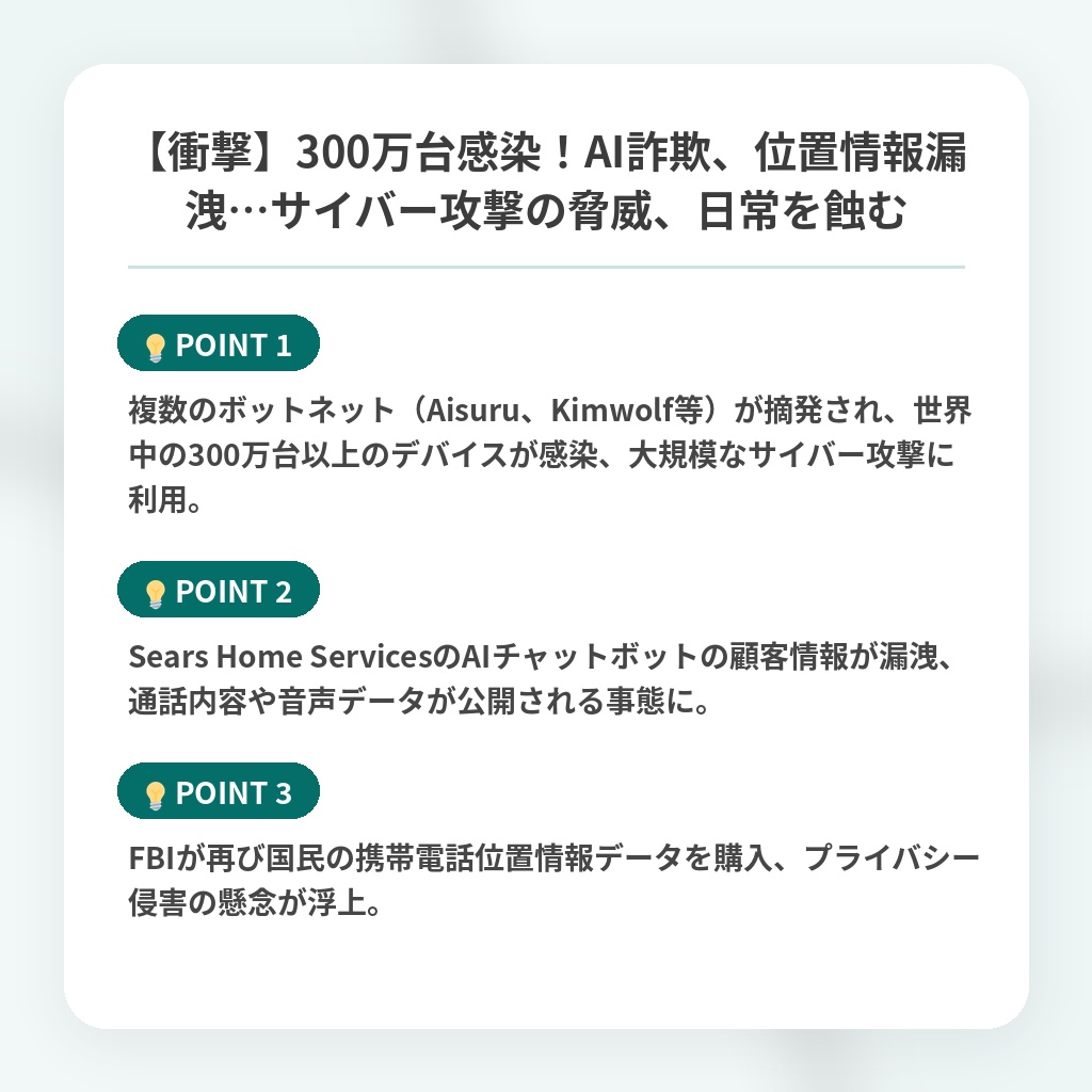 【衝撃】300万台感染!AI詐欺、位置情報漏洩…サイバー攻撃の脅威、日常を蝕むの注目ポイントまとめ