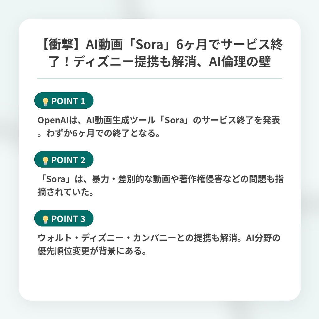 【衝撃】AI動画「Sora」6ヶ月でサービス終了！ディズニー提携も解消、AI倫理の壁の注目ポイントまとめ