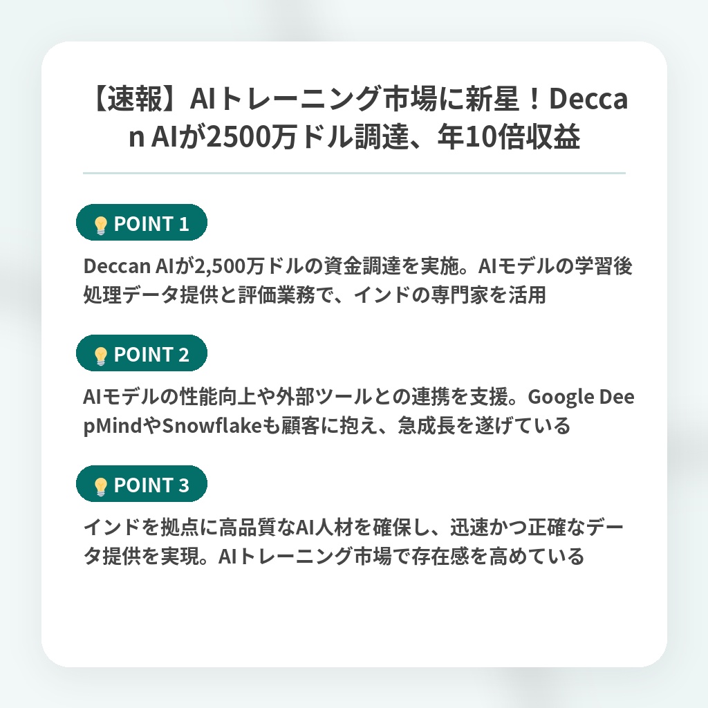【速報】AIトレーニング市場に新星!Deccan AIが2500万ドル調達、年10倍収益の注目ポイントまとめ
