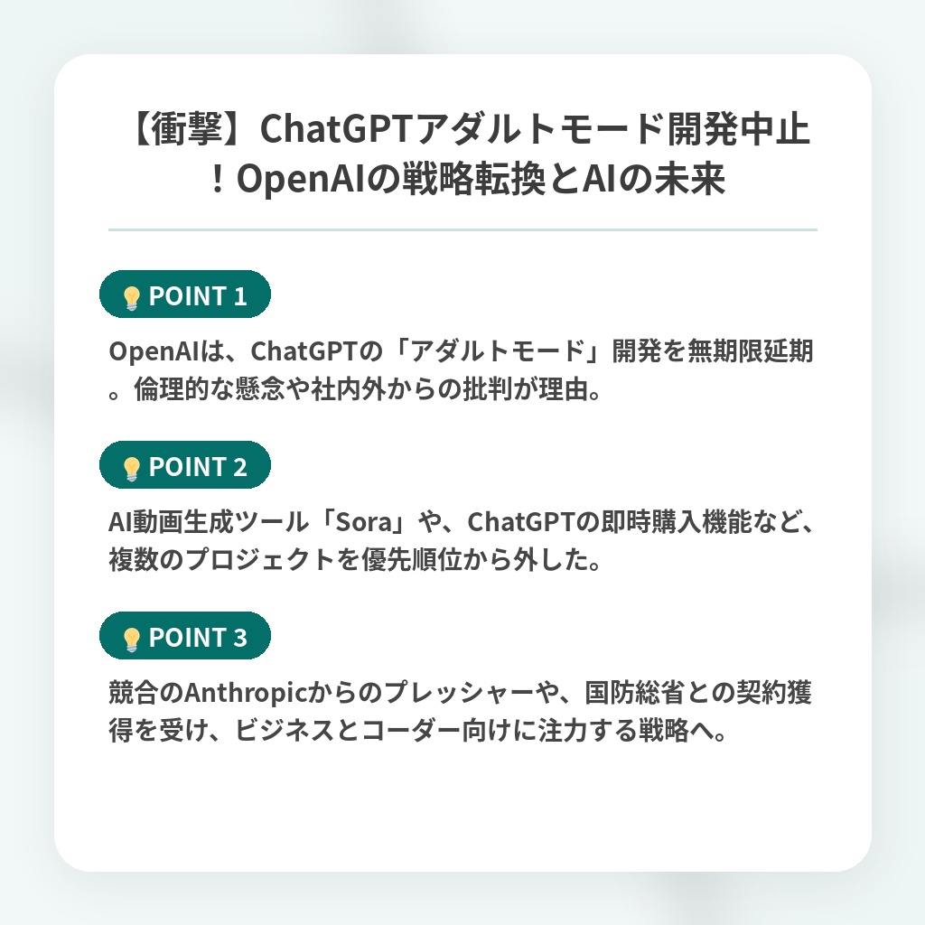 【衝撃】ChatGPTアダルトモード開発中止!OpenAIの戦略転換とAIの未来の注目ポイントまとめ