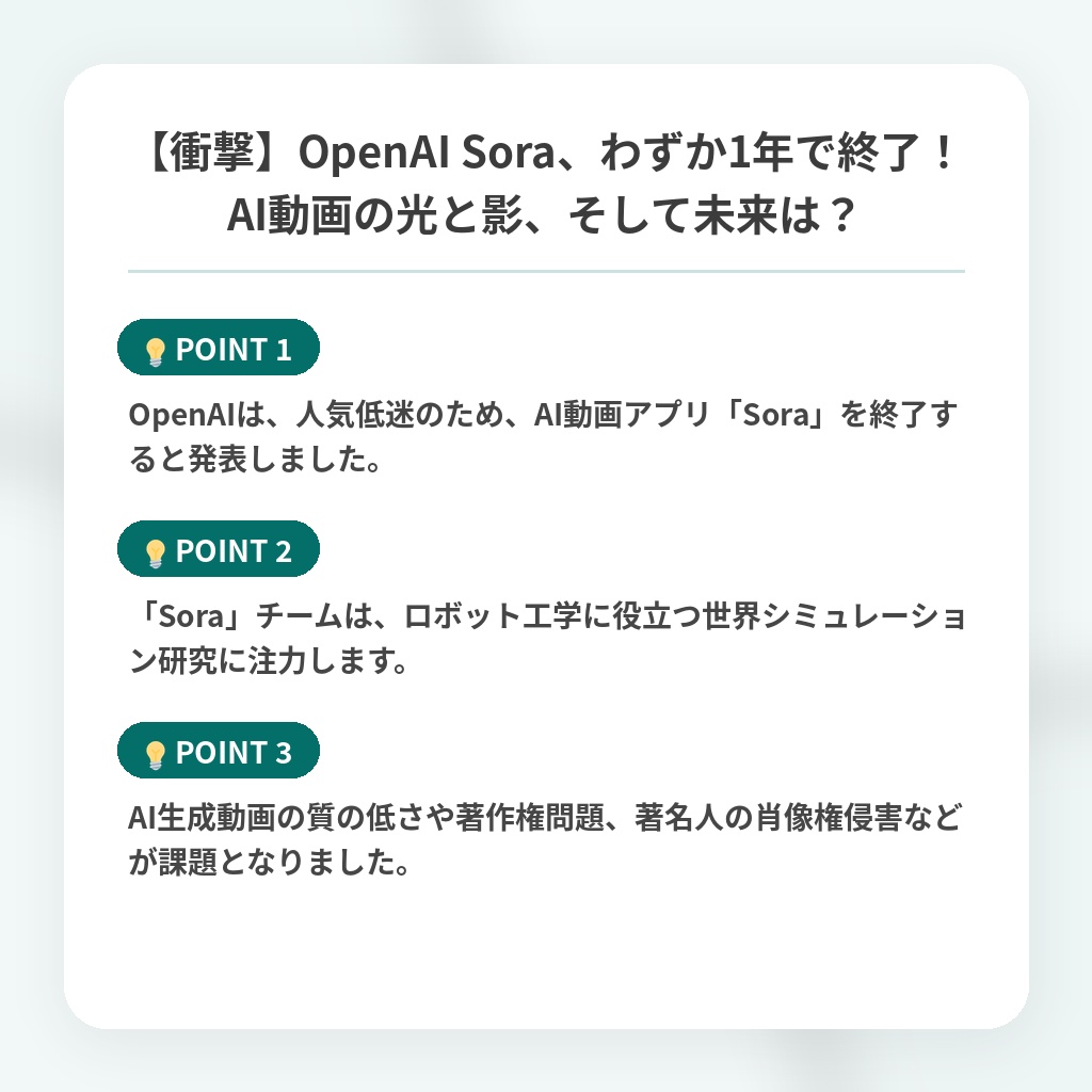 【衝撃】OpenAI Sora、わずか1年で終了！AI動画の光と影、そして未来は？の注目ポイントまとめ