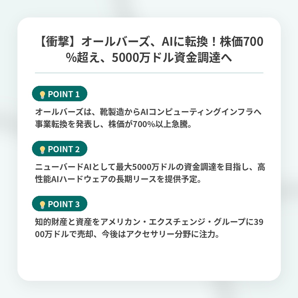 【衝撃】オールバーズ、AIに転換!株価700%超え、5000万ドル資金調達への注目ポイントまとめ