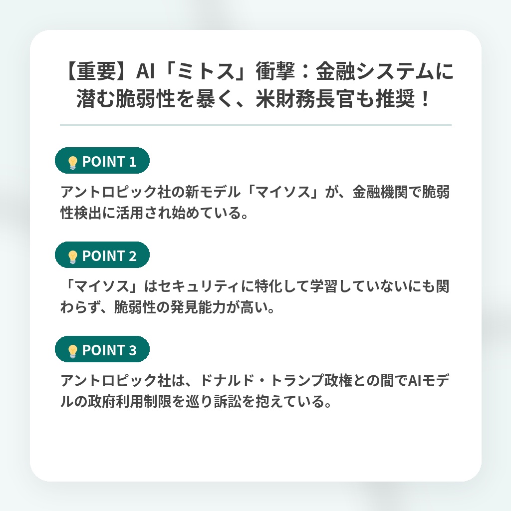【重要】AI「ミトス」衝撃：金融システムに潜む脆弱性を暴く、米財務長官も推奨！の注目ポイントまとめ