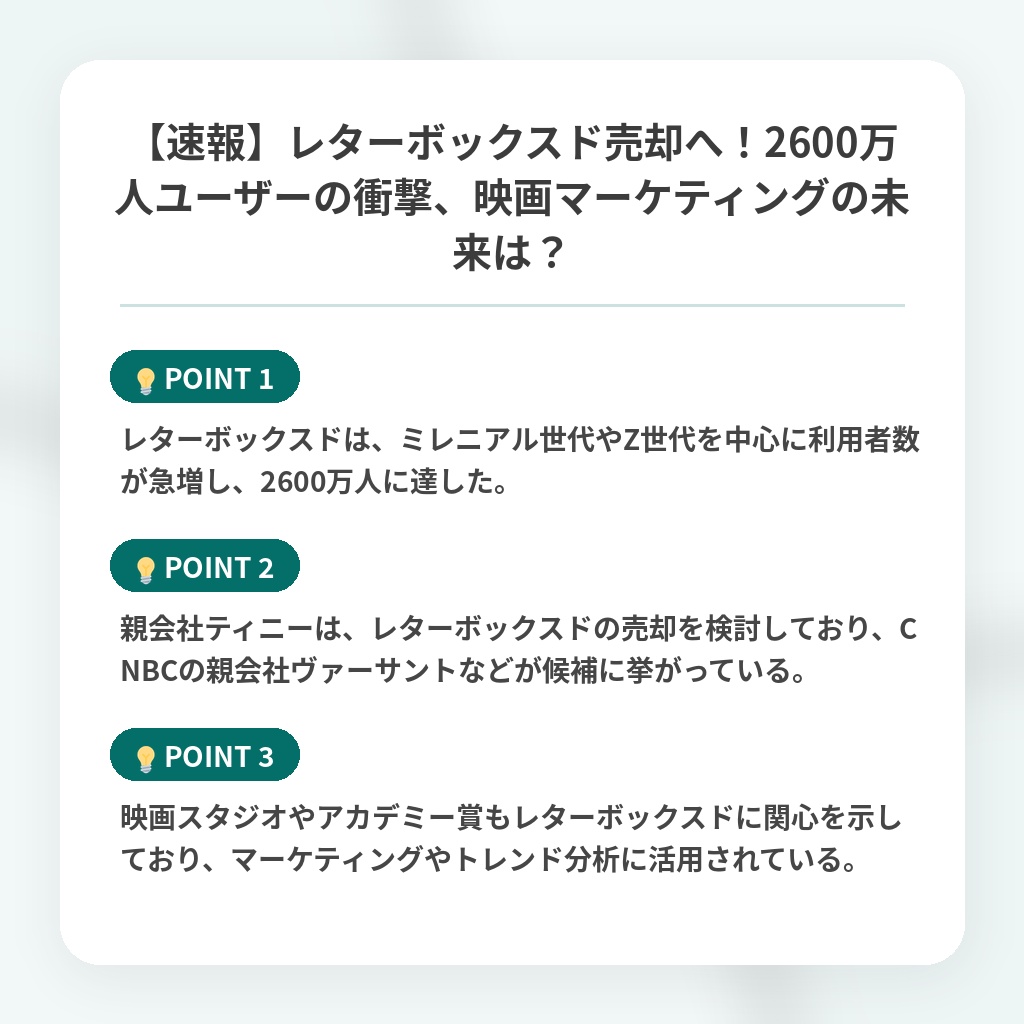 【速報】レターボックスド売却へ！2600万人ユーザーの衝撃、映画マーケティングの未来は？の注目ポイントまとめ