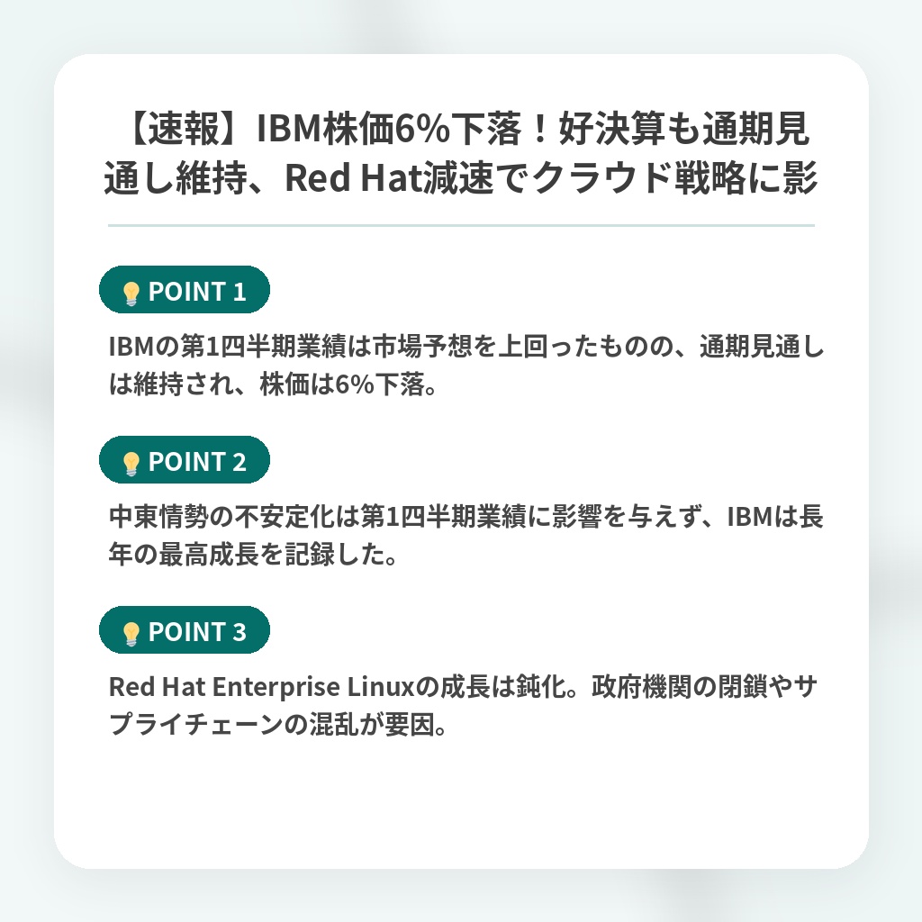 【速報】IBM株価6%下落！好決算も通期見通し維持、Red Hat減速でクラウド戦略に影の注目ポイントまとめ