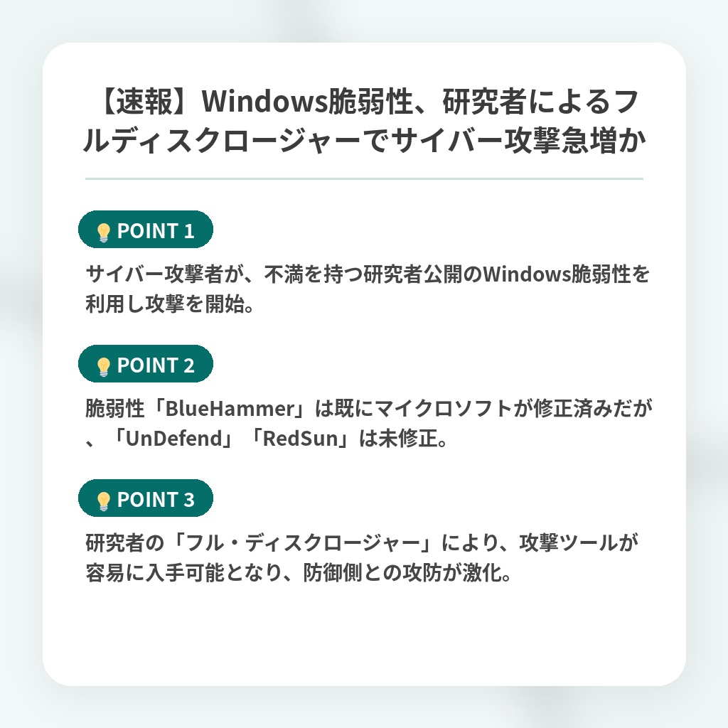 【速報】Windows脆弱性、研究者によるフルディスクロージャーでサイバー攻撃急増かの注目ポイントまとめ