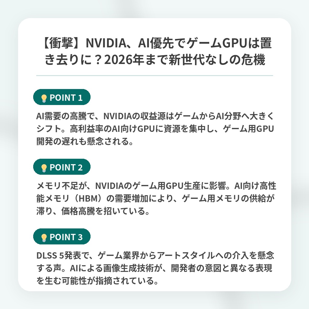 【衝撃】NVIDIA、AI優先でゲームGPUは置き去りに？2026年まで新世代なしの危機の注目ポイントまとめ