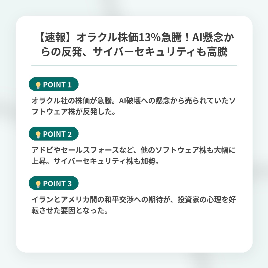 【速報】オラクル株価13%急騰!AI懸念からの反発、サイバーセキュリティも高騰の注目ポイントまとめ