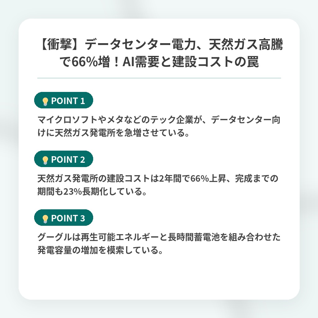 【衝撃】データセンター電力、天然ガス高騰で66%増！AI需要と建設コストの罠の注目ポイントまとめ