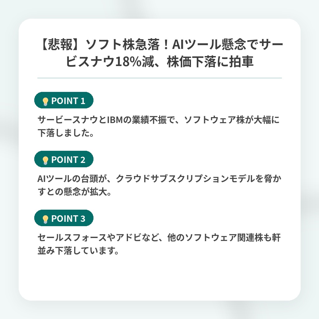 【悲報】ソフト株急落！AIツール懸念でサービスナウ18%減、株価下落に拍車の注目ポイントまとめ