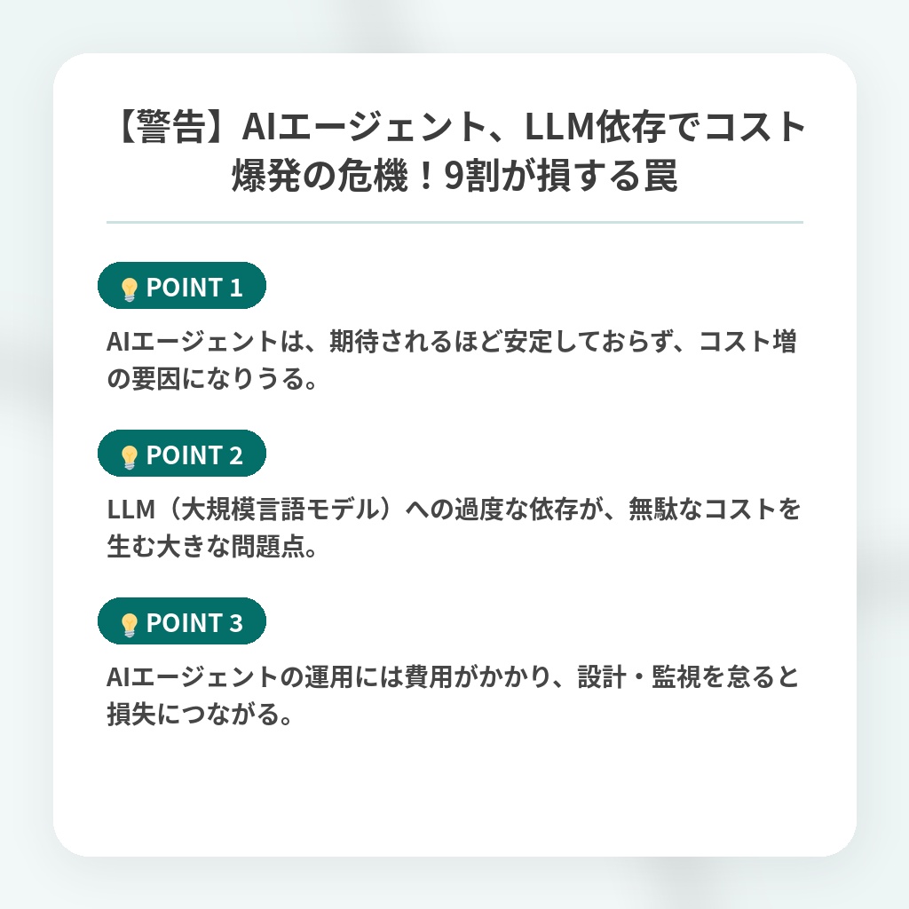 【警告】AIエージェント、LLM依存でコスト爆発の危機！9割が損する罠の注目ポイントまとめ