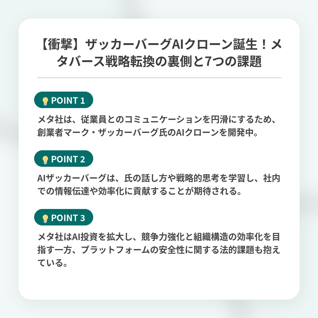 【衝撃】ザッカーバーグAIクローン誕生！メタバース戦略転換の裏側と7つの課題の注目ポイントまとめ