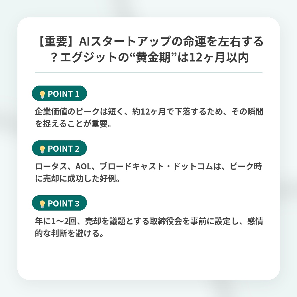 【重要】AIスタートアップの命運を左右する？エグジットの“黄金期”は12ヶ月以内の注目ポイントまとめ