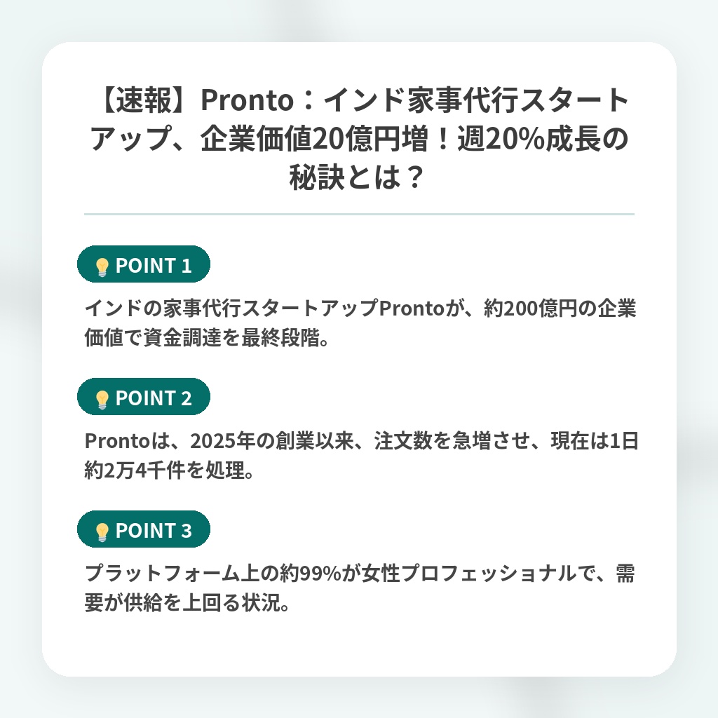 【速報】Pronto：インド家事代行スタートアップ、企業価値20億円増！週20%成長の秘訣とは？の注目ポイントまとめ