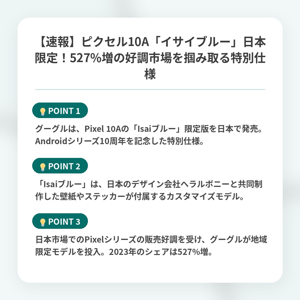 【速報】ピクセル10A「イサイブルー」日本限定！527%増の好調市場を掴み取る特別仕様の注目ポイントまとめ