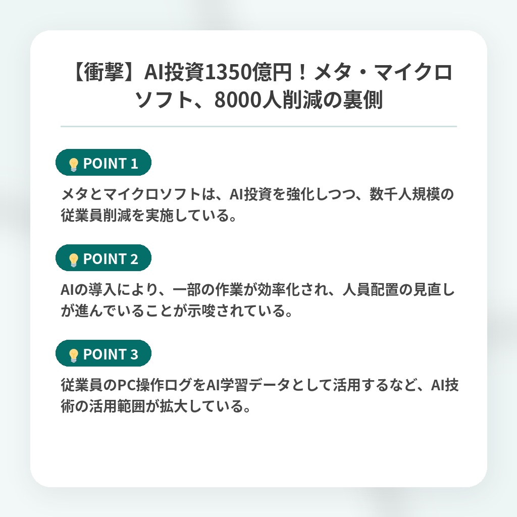 【衝撃】AI投資1350億円！メタ・マイクロソフト、8000人削減の裏側の注目ポイントまとめ