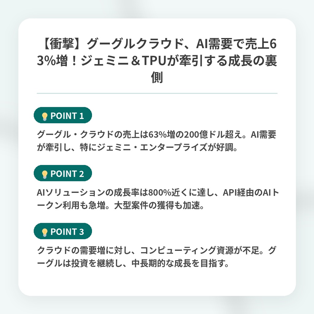 【衝撃】グーグルクラウド、AI需要で売上63%増！ジェミニ＆TPUが牽引する成長の裏側の注目ポイントまとめ