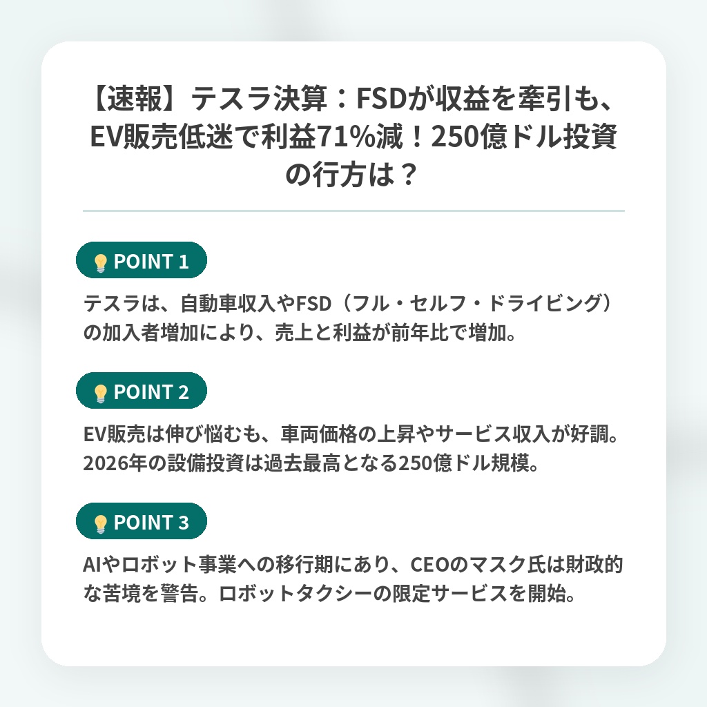 【速報】テスラ決算：FSDが収益を牽引も、EV販売低迷で利益71%減！250億ドル投資の行方は？の注目ポイントまとめ