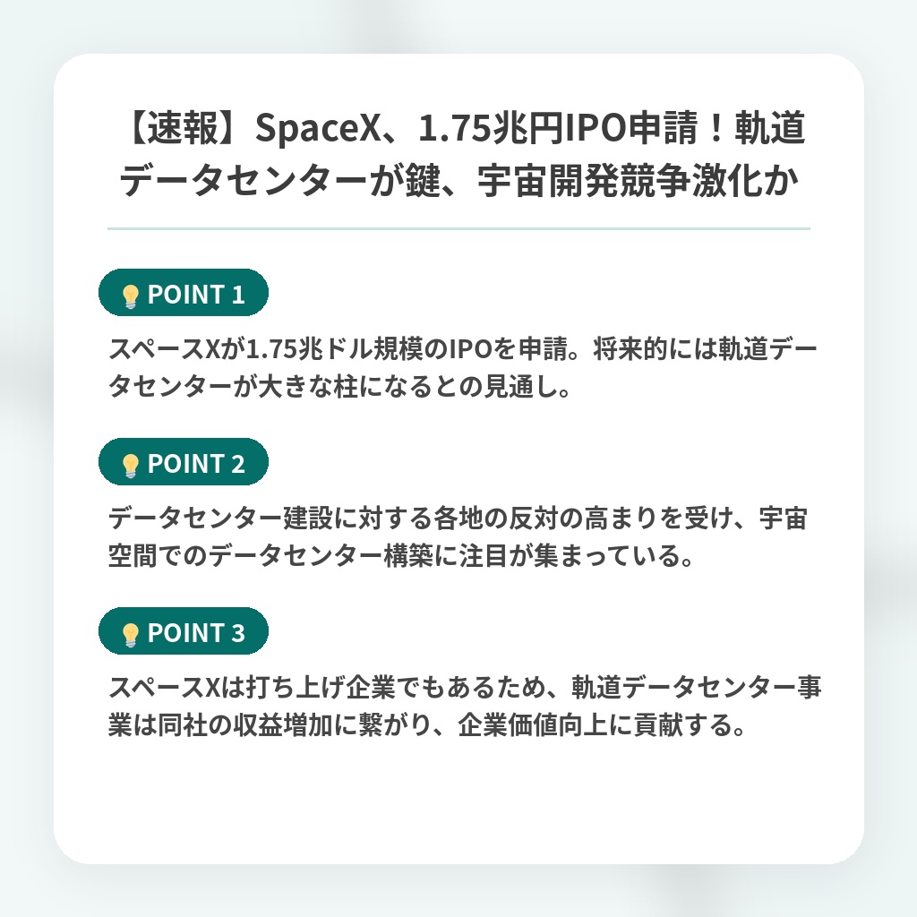 【速報】SpaceX、1.75兆円IPO申請！軌道データセンターが鍵、宇宙開発競争激化かの注目ポイントまとめ