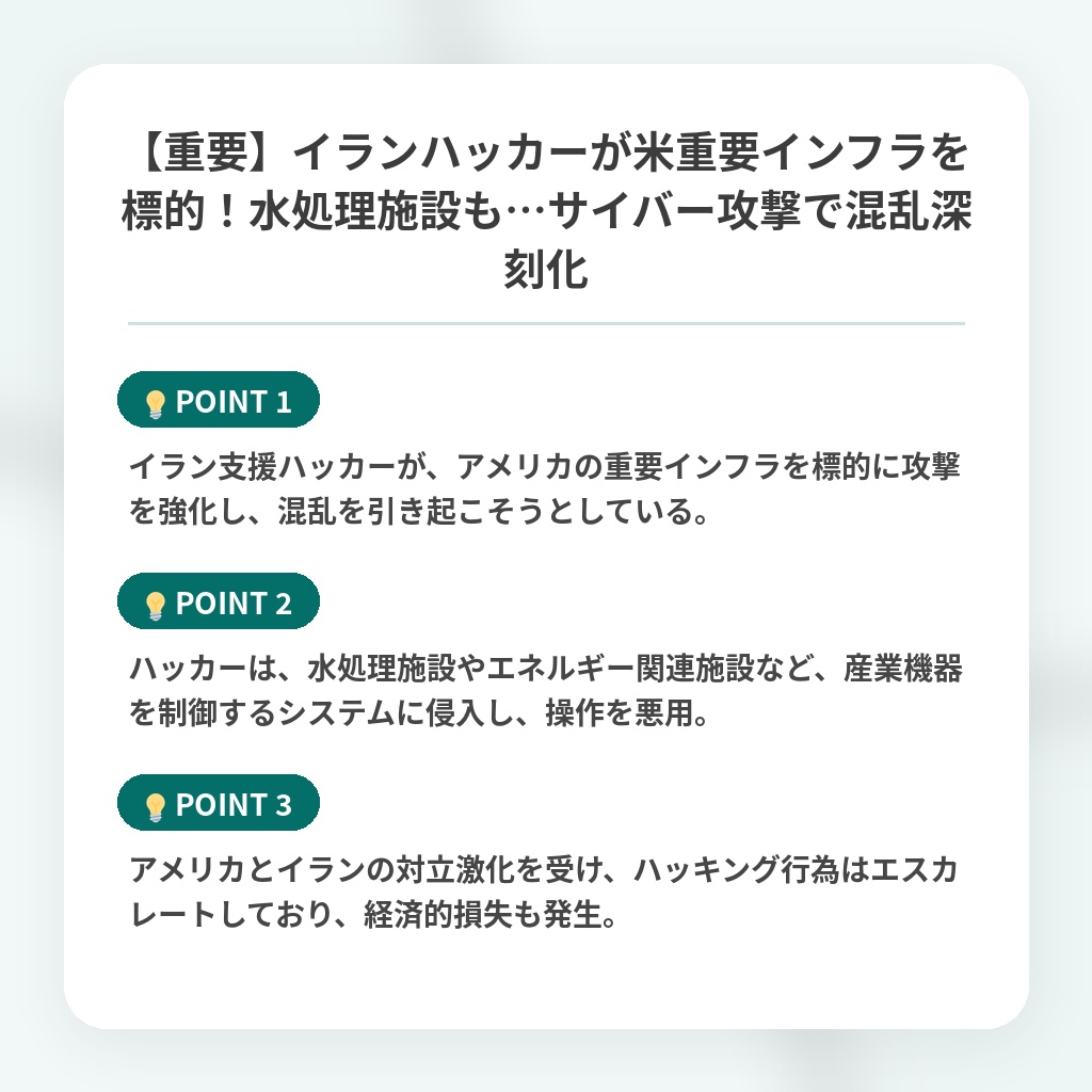 【重要】イランハッカーが米重要インフラを標的!水処理施設も…サイバー攻撃で混乱深刻化の注目ポイントまとめ